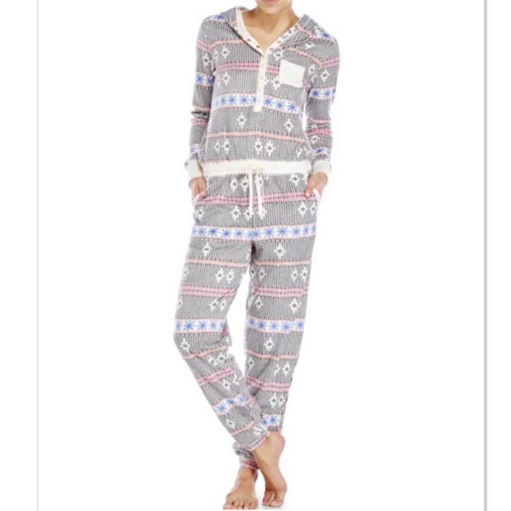 Kensie Onesie Hooded Fleece Pattern PJ's Large